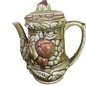 Vintage Majolica Style Teapot Green With Fruit  Japan Ceramic Tall Collectible